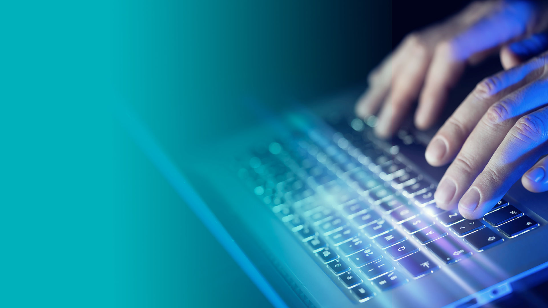 image of keyboard and close up of two hands typing on keyboard against a blueish green background